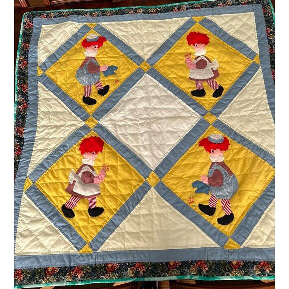 Handmade Hand Sewn Raggedy Ann and Andy Baby Crib Quilt 46x46 Made In 2004 - Picture 2 of 12